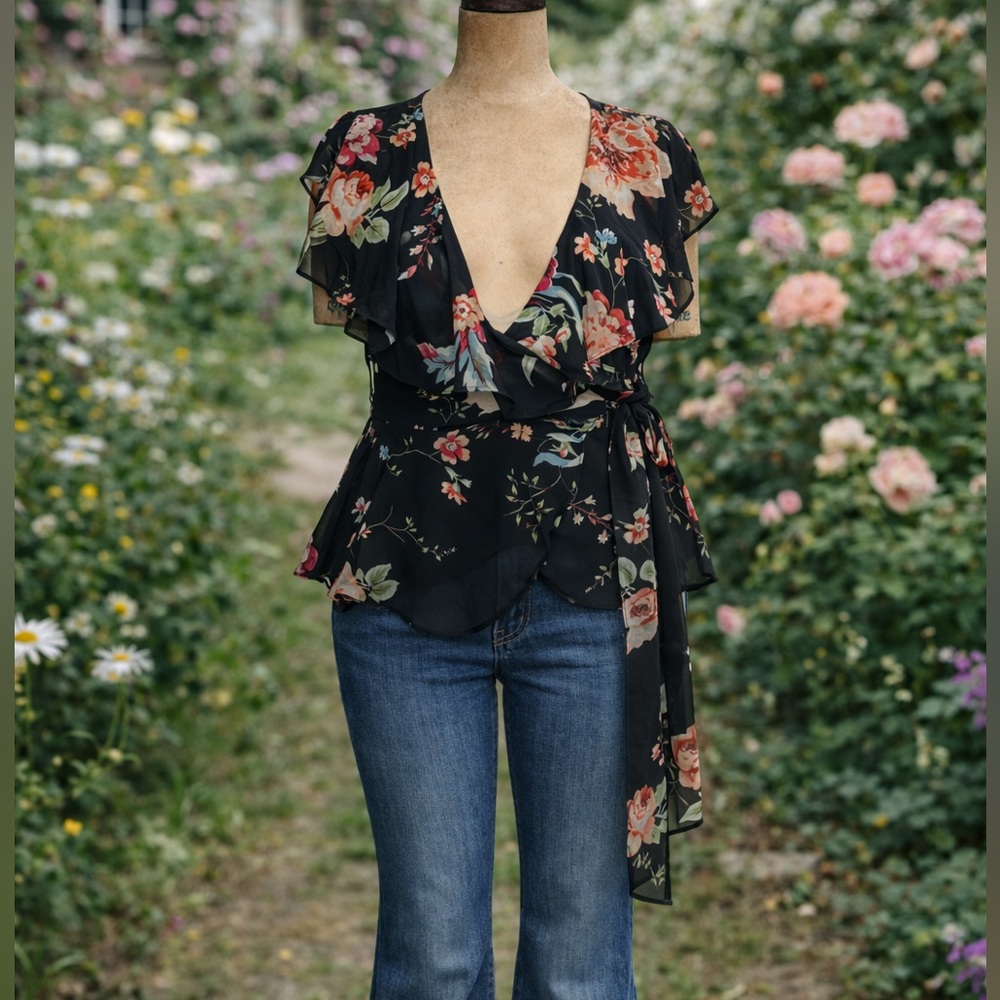 IF BY SEA, California Floral, Wrap, Ruffle Blouse